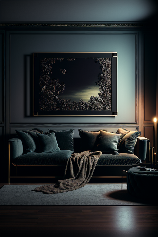 courtstarr: A dim lit living room, interior design, dark colors, 50mm, soft  light, fabrics, a big wall frame with blank canvas, 4k
