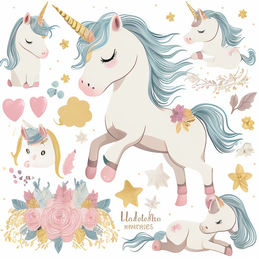 tamilfocus: Baby unicorn theme clip art illustrations,multiple  elements,tight spaced,white background,high quality,remove text