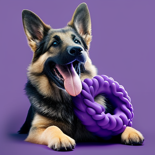 blocksdesign: German shepherd dog in with sitting smiling his large toy circular purple mouth, adorably a