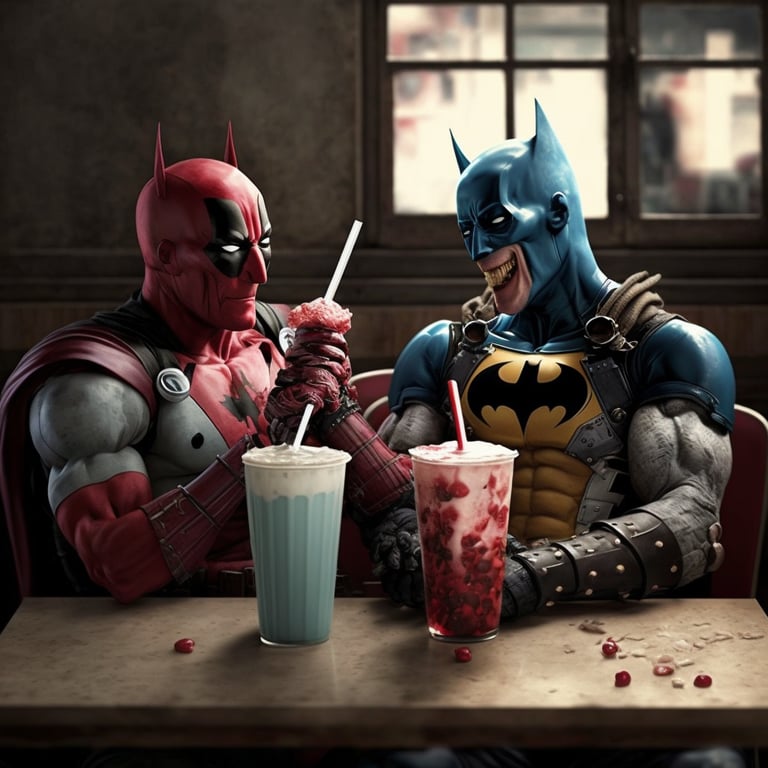 yanchelly: batman and deadpool laughing over a milkshake in an old but  colorful dinner super realistic