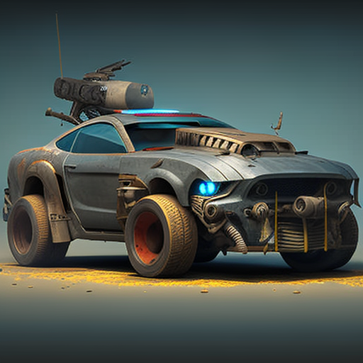 post apocalypse mustang smuggler car with turrets,