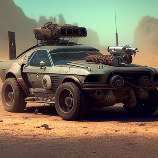 post apocalypse mustang smuggler car with turrets,