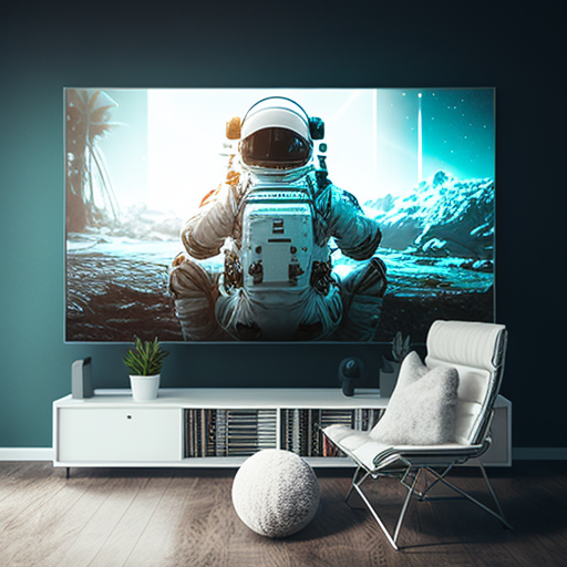 Living room furniture, Bright Lighting, product photo, Furniture set, astronaut in space suit sitting and holding a game controller, looking at TV, playing video game, Luxury, Aesthetic, Full view, Studio lighting, Interior design, Furniture set key image,