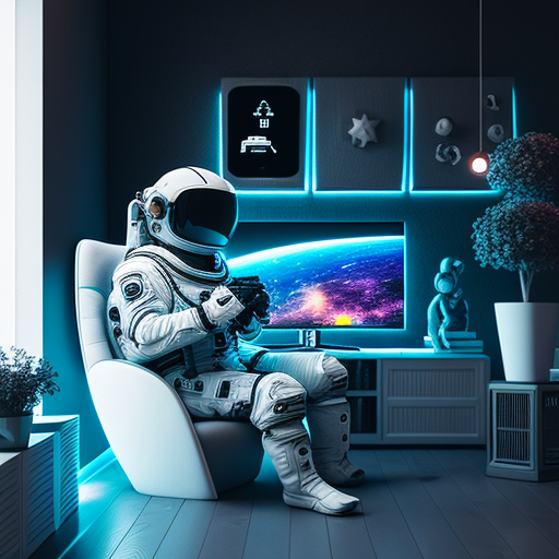 Living room furniture, Bright Lighting, product photo, Furniture set, astronaut in space suit sitting and holding a game controller, looking at TV, playing video game, Luxury, Aesthetic, Full view, Studio lighting, Interior design, Furniture set key image,