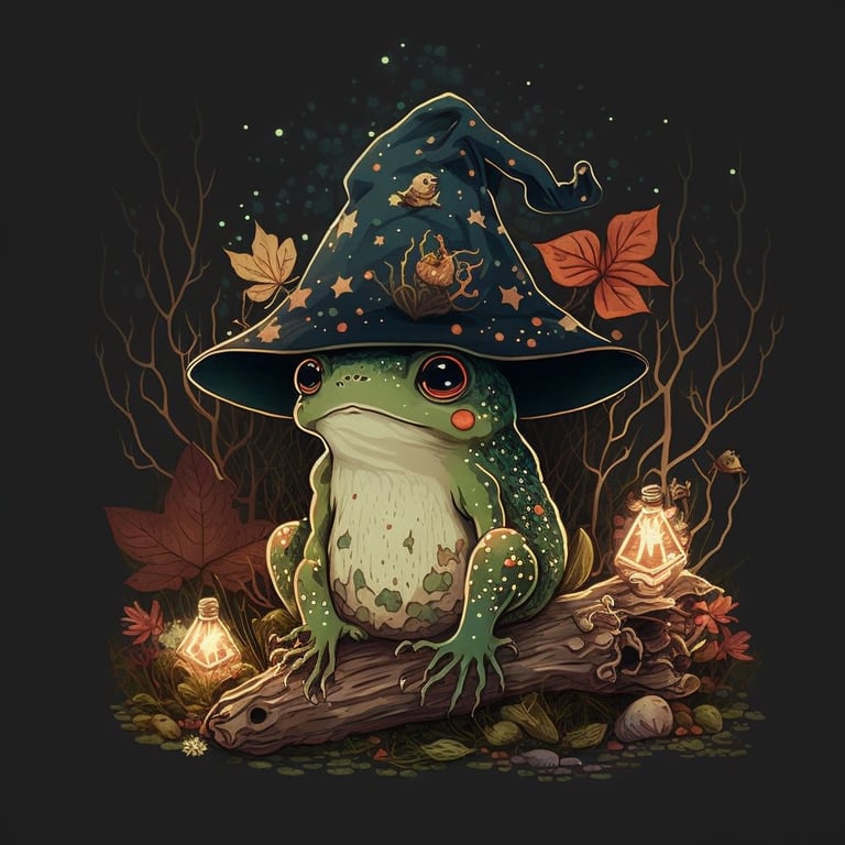 Illustration, a magic frog with a witch hat in the woods with mushrooms, Japanese, Kawaii art,
