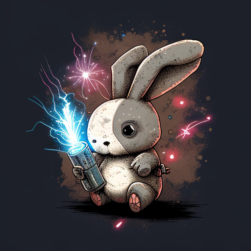wei: Cute robot rabbit holding a firework, comic book style,,