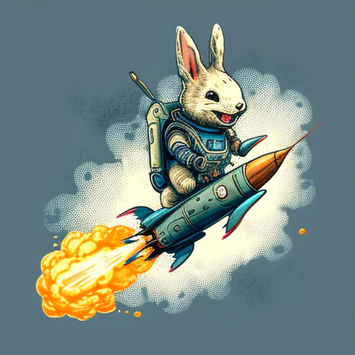 wei Cute rabbit riding a rocket, smiling, highly detailed, 2d, comic