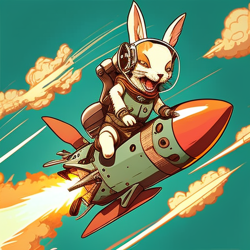 wei Cute rabbit riding a rocket, smiling, highly detailed, 2d, comic