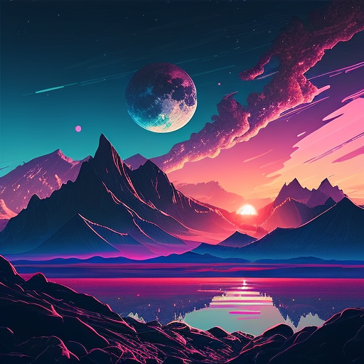 beautiful sunset, purple and blue colors, big mountains, sea in the middle, Painting, Vector art, Featured on Behance, Space art, Behance HD, Terragen, Sci fi,