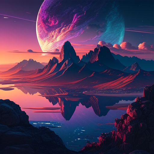 beautiful sunset, purple and blue colors, big mountains, sea in the middle, Painting, Vector art, Featured on Behance, Space art, Behance HD, Terragen, Sci fi,