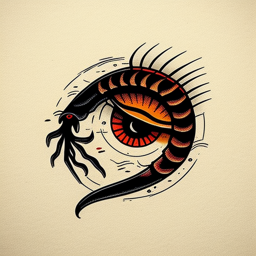 scorpion around an eye, Simple, Basic, Minimalist, Flat, Colorful, Color tattoo, Sailor Jerry, Grain shading, Black lines, Thick lines, Neo-traditional, Traditional tattoo, Tattoo design, Old school tattoo, Esoteric illustrated elements, White textured background
