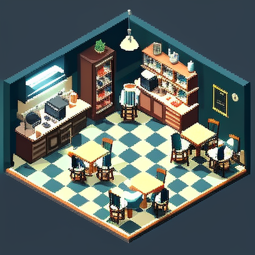 isometric interior of a cozy coffee shop, tables and chairs, barista, customers, 32-bit pixel art, Pixelsprite, Aseprite, SNES style