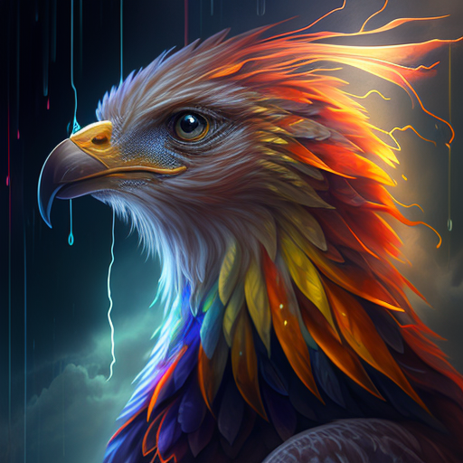 maxkemp: Phoenix with lightning striking in the background, and amber eyes.  rainbow feathers