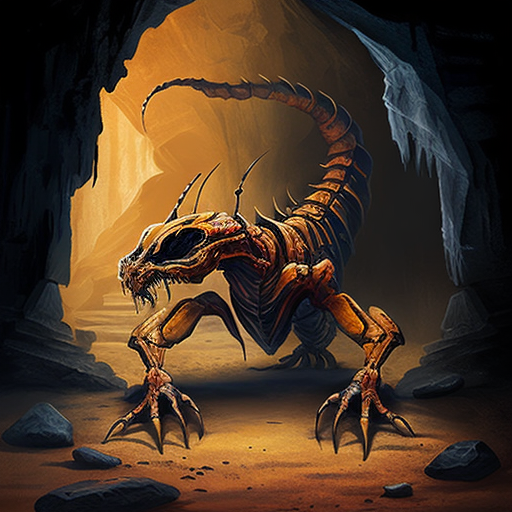 scorpion dragon with scorpion tail and cave background.