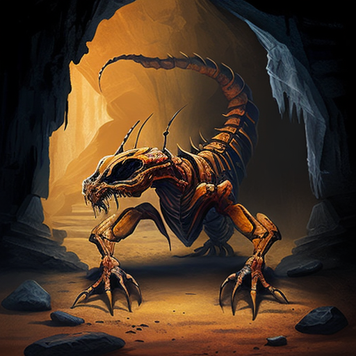 maxkemp scorpion dragon with scorpion tail and cave background.