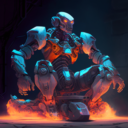 Warforged western themed robot sitting cross legged while hovering off the ground, dragon scales fused to body, mustache, glowing