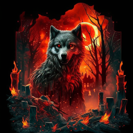 maxkemp Wolf with black fur and a red flaming skull its