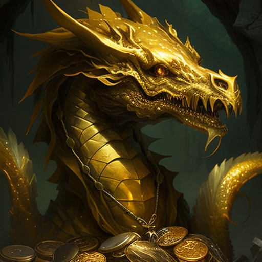 A golden Hydra dragon who's body concealed by a pile of gold.
