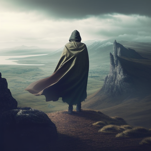 yonimindel: mysterious person wearing a cape, overlooking a valley down ...