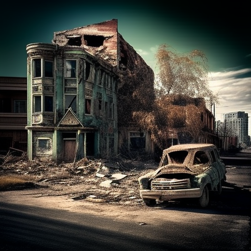 Photograph of, Downtown trois-rivieres, Destroyed city, Post-apocalyptic, Nuclear fallout, War zone, Ruins, Bombed out, Abandoned buildings