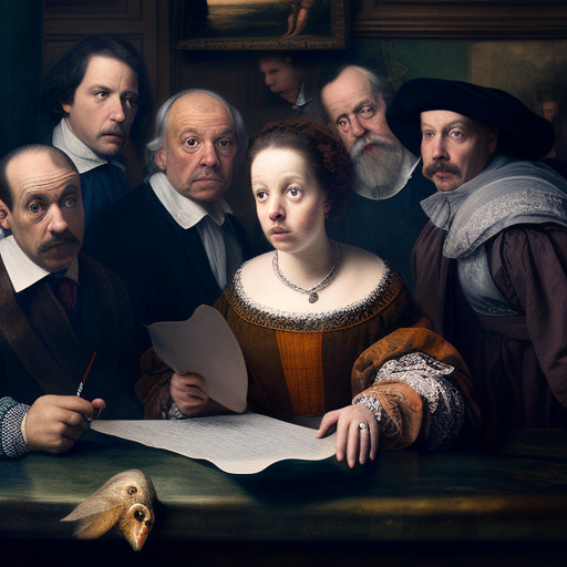 surprised stakeholders of a business, renaissance painting, oil painting in the dutch master style