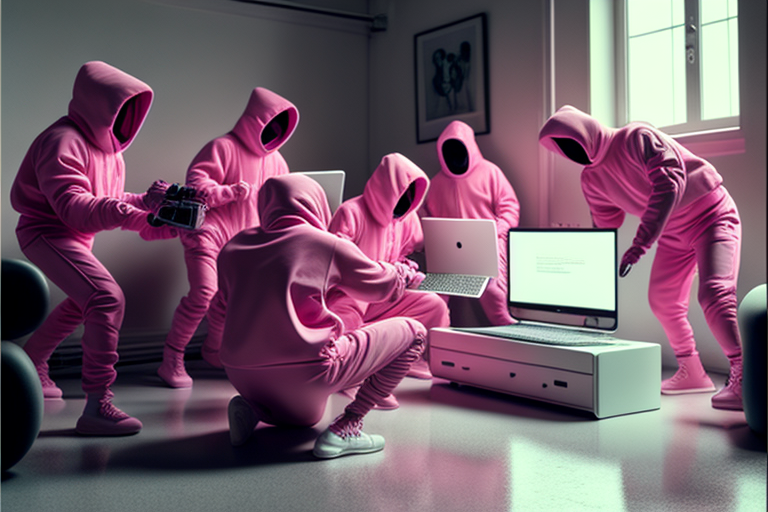 mikeelf: multiple figures in sweatsuits dancing around a white room with a  laptop computer on the floor, wearing pink sneakers, dimly lit