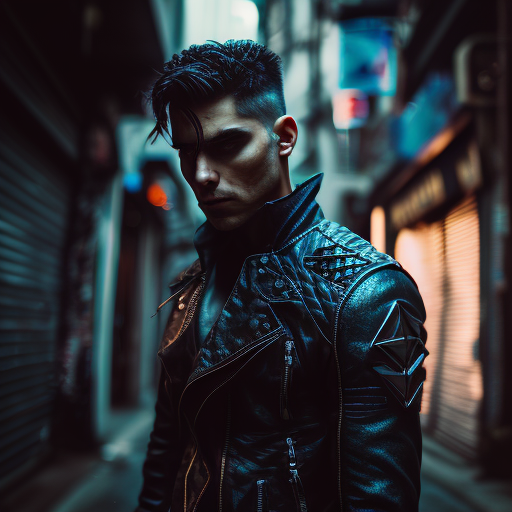 blueaspen: A cool guy wearing a futuristic punk leather jacket in a dark  metaverse alley.