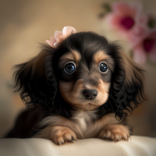 wiry-eland236: A very very cute female puppy miniature dachshund with long  fur, curly ears, huge black eyes that are adorable in color pale cream.  front paws look like from a teddy bear,
