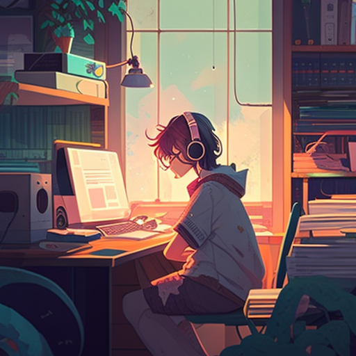 f: a person sitting at a desk with a computer and headphones in front ...