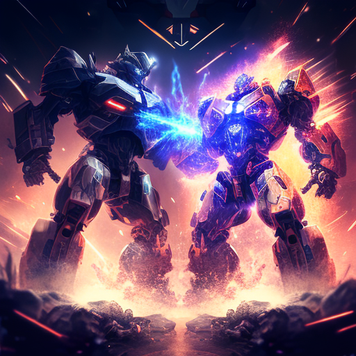 A giant robot battle, with sparks flying and lasers blasting as the two titans clash in an epic showdown, Ultra HDR, Airbrushed, Trending on Artstation, Unity, 8k, 8k wallpaper, 9gag, Content winner, Masterpiece