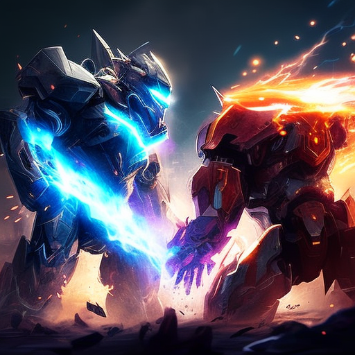 A giant robot battle, with sparks flying and lasers blasting as the two titans clash in an epic showdown, Ultra HDR, Airbrushed, Trending on Artstation, Unity, 8k, 8k wallpaper, 9gag, Content winner, Masterpiece
