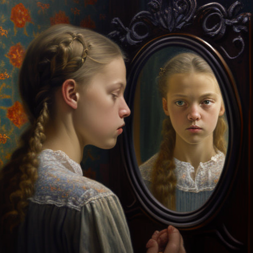 meekpeafowl563 Young woman looking in the mirror, oil painting