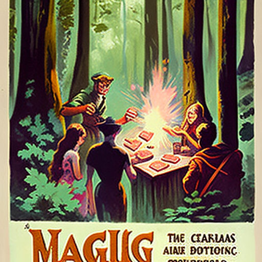 a magic gathering in the woods, vintage poster, 1960s,