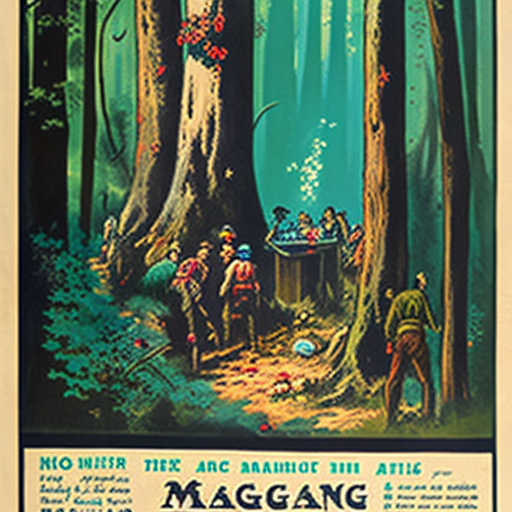 a magic gathering in the woods, vintage poster, 1960s,