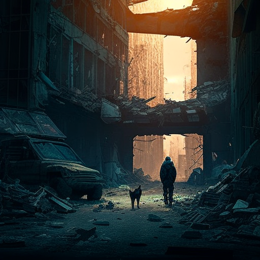 Photograph of, John Wick, Destroyed city, Post-apocalyptic, Nuclear fallout, War zone, Ruins, Bombed out, Abandoned buildings