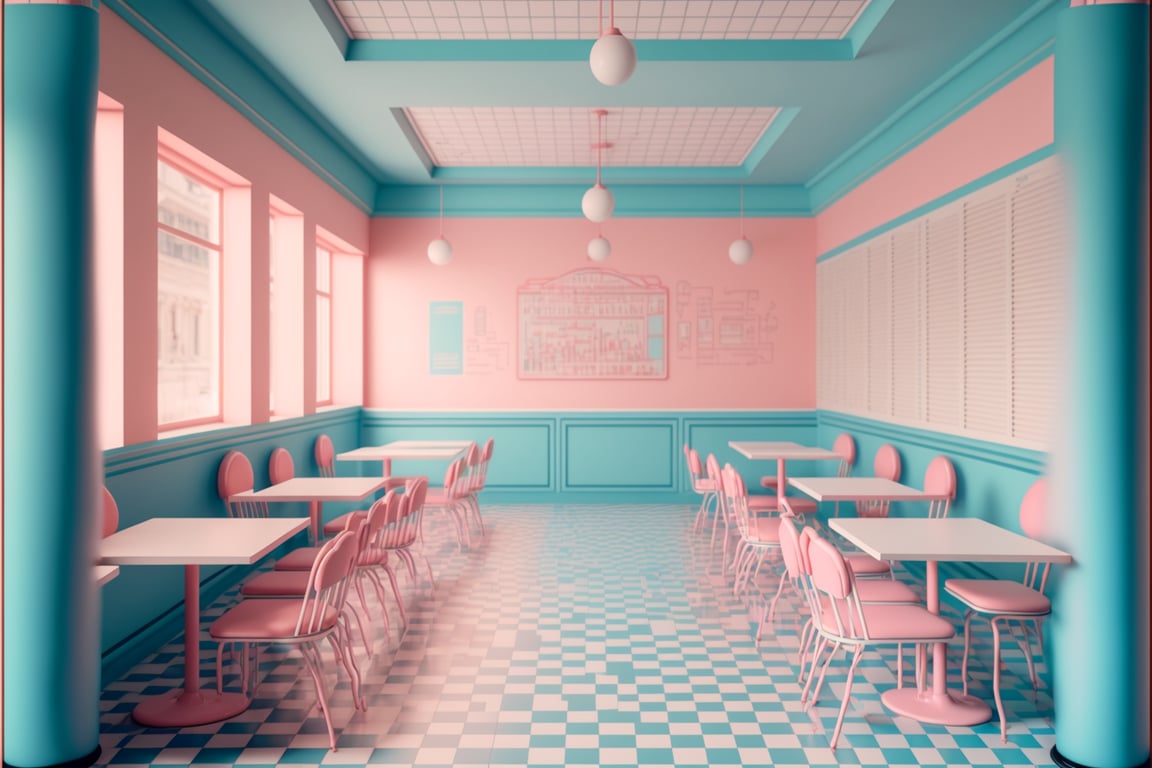 sethmillstein: extremely detailed perfectly symmetrical render of a square  vaporwave cafe, coffee shop interior, pastel colors, tables and chairs