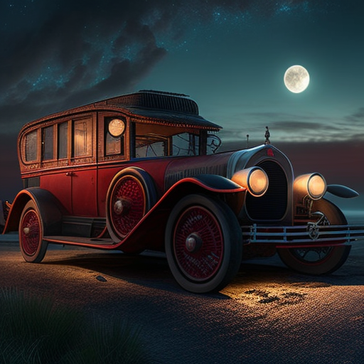 Seb: 1920s car parked at night, pale moonlight and a slight crimson sky