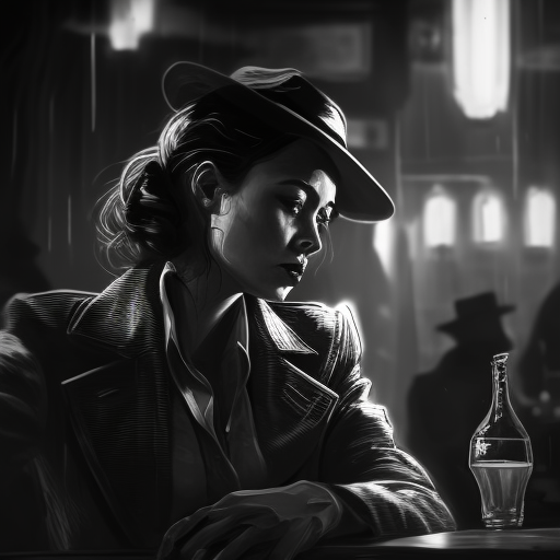 rough-hare302: Futuristic film noir, female private detective having a  drink in a dark bar