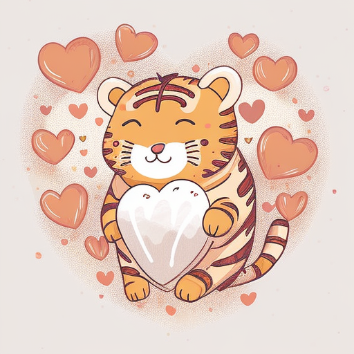 ck222: a tiger in love with hearts floating around, white background