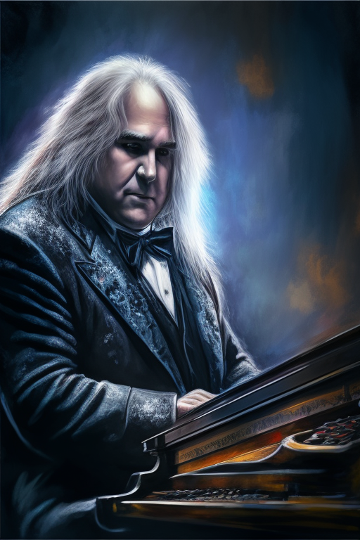 Seb: Piano player Jim Steinman on stage, dark fantasy style, ultra  realistic and ultra detailed