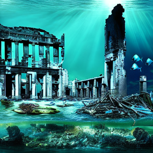 Photograph of, atlantis, above water and underwater, moody hues, mythology, temples, ruins, mermaids, fish, kelp, realistic underwater
, Destroyed city, Post-apocalyptic, Nuclear fallout, War zone, Ruins, Bombed out, Abandoned buildings