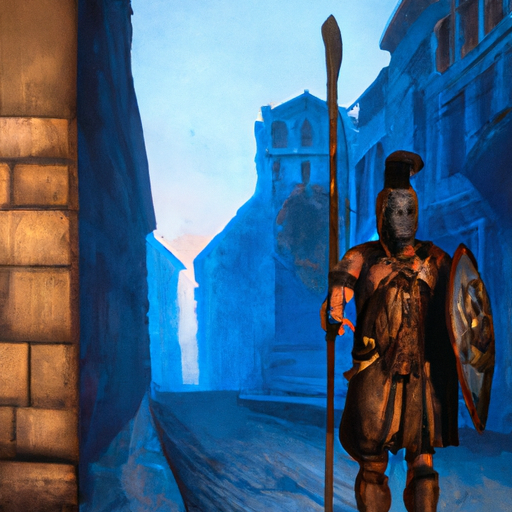 a painting of a muscular and battle-worn Roman Legionnaire with a large bloody sword walking the streets of Ancient Rome in the very early morning during the blue hour as the sun is coming up.  The picture is painted in the style of Frank Miller's "300", from street level perspective

