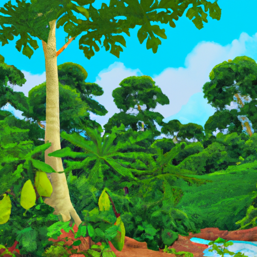 chadcribbins: an illustration of a lush forest of papaya trees by a river  bed