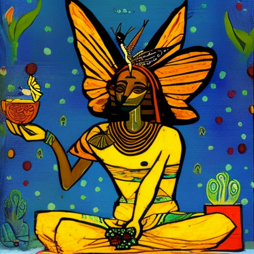 space: Egyptian fairy sitting on a butterfly while eating a pita with  hummus, Ancient Egyptian Art, van Gogh style