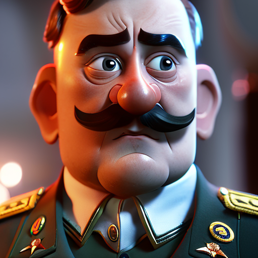Cute, Pixar, A Disney Movie poster about Adolf Hitler , Night, Portrait, Cinematic lighting, Volumetric lighting, Epic composition, Photorealism, Bokeh, Highly detailed, Octane render, HDR, Subsurface scattering