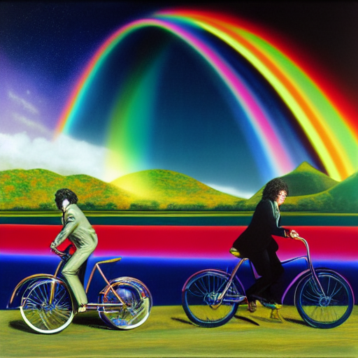 darrylmason: "Syd Barrett riding a bicycle over a rainbow" "Pink Floyd art"  "3D photorealism" "chiaroscuro"