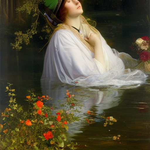 The painting depicts a scene from Shakespeare's play Hamlet in which the character Ophelia drowns herself in a river.

In the painting, Ophelia is depicted floating in a river, her long flowing hair and clothing creating a sense of movement. Her eyes are closed and her body is slightly tilted as if she is sinking. The flowers that she holds in her hand, symbolizing her descent into madness, are scattered around her.

The setting of the painting is a lush and detailed landscape, with trees and bushes that create a sense of depth and perspective. The sunlight filters through the branches, creating a peaceful and serene atmosphere. The overall effect is one of beauty and tragedy.

Millais painted "Ophelia" using a technique called Pre-Raphaelite, which was characterized by its attention to detail, realism and the use of bright colors. He also used a technique called "glazing" in which multiple layers of transparent paint are applied to create a sense of depth and luminosity in the painting. This technique gives the painting a sense of realism, making it appear almost photographic.

The painting is considered a masterpiece of British art and one of the most iconic works of the Pre-Raphaelite movement. It is widely admired for its technical skill, emotional power and its representation of the beauty and tragedy of the human experience.