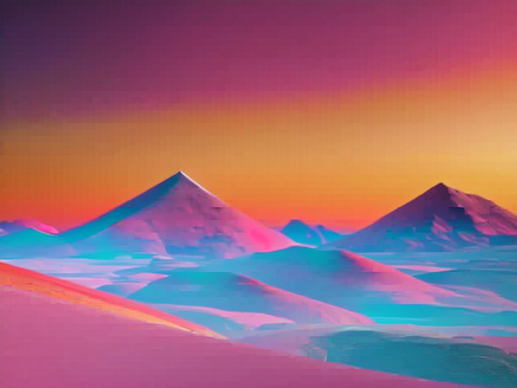 everythinggravy: wide-angle landscape, abstract melted desert-mountains and  glowing-orbs, pink-background