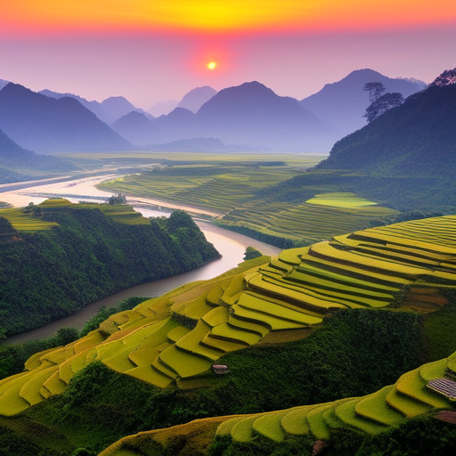 Hyperfocal photography, f60, f90, award for the best landscape photography by National Geographic, Mountains of Bangladesh with a pink sunset in the background and ricefields and rivers in the foreground, 4k, Hyperrealistic, Highly detailed, Sharp focus, Post processing, Magic hour, Wide angle lens, Ambient lighting, Epic composition, The most beautiful image ever seen