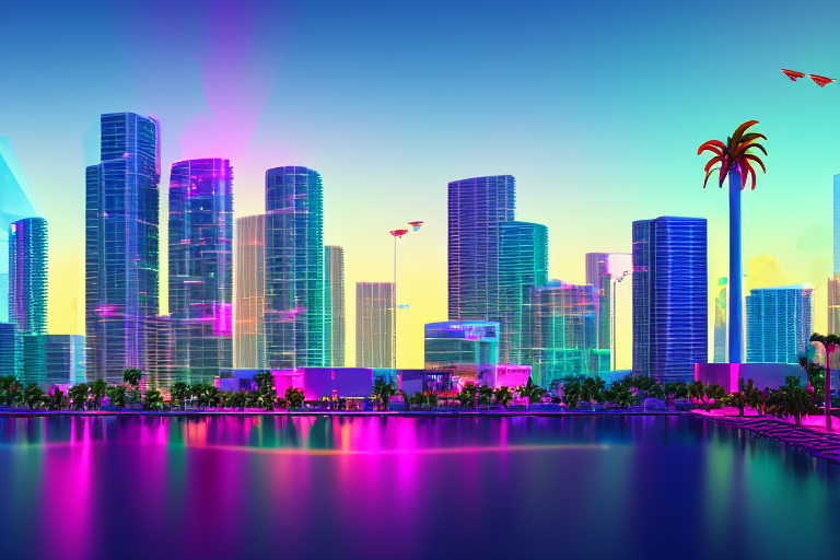 sethmillstein: gorgeous city 80s Vice city synthwave Miami landscape,  artstation winner, 1980s colors, winning-award masterpiece, fantastically  gaudy, aesthetic octane render, 8K HD Resolution